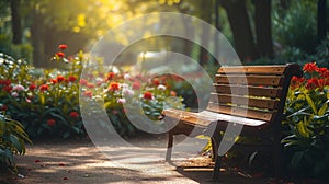 A peaceful scene of a sunlit, empty bench in a blooming garden