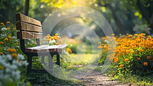 A peaceful scene of a sunlit, empty bench in a blooming garden