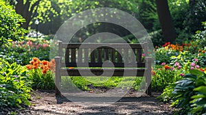 A peaceful scene of a sunlit, empty bench in a blooming garden