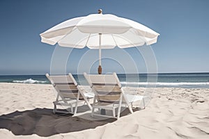 peaceful scene with two beach chairs and umbrellas overlooking the calm ocean