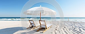 peaceful scene with two beach chairs and umbrellas overlooking the calm ocean