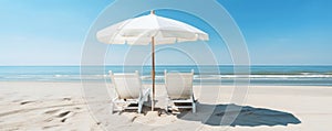 peaceful scene with two beach chairs and umbrellas overlooking the calm ocean