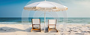 peaceful scene with two beach chairs and umbrellas overlooking the calm ocean