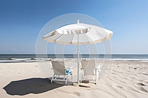 peaceful scene with two beach chairs and umbrellas overlooking the calm ocean