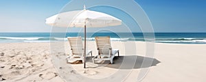 peaceful scene with two beach chairs and umbrellas overlooking the calm ocean