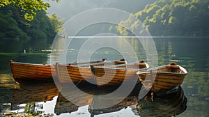 Peaceful scenery boats securely moored on the calm, tranquil waters of the serene lake photo