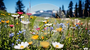 Peaceful scenery of a flowering meadow and mountain peaks