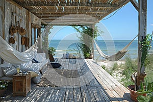 Peaceful seaside retreat with breezy curtains and a hammock