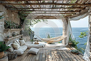 Peaceful seaside retreat with breezy curtains and a hammock