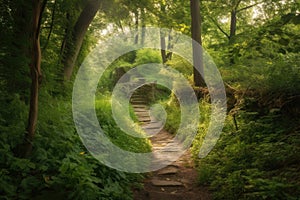 peaceful and serene hiking trail surrounded by lush greenery