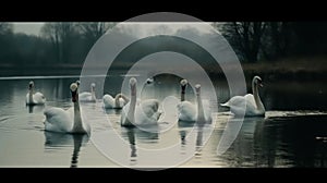 The peaceful and serene movements of a group of swans gliding across a tranquil lake created with Generative AI