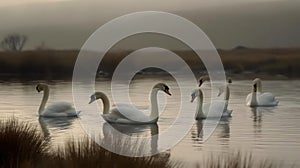 The peaceful and serene movements of a group of swans gliding across a tranquil lake created with Generative AI