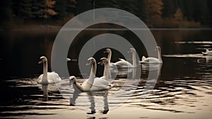 The peaceful and serene movements of a group of swans gliding across a tranquil lake created with Generative AI