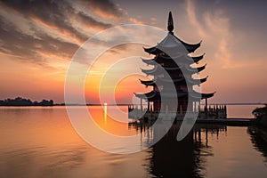 peaceful and serene sunset, with view of china pagoda against the horizon