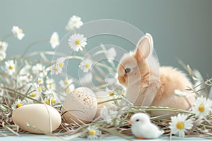 Peaceful setting featuring a soft-furred bunny with speckled eggs and daisies on a gentle blue background, capturing the essence