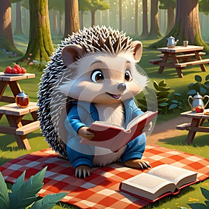 In the peaceful setting of a forested picnic area, an adorable cartoon hedgehog is engrossed in a book.