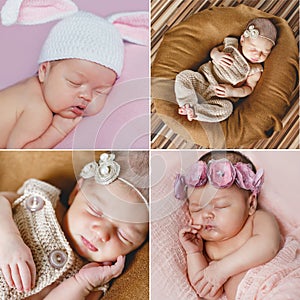 Peaceful sleep of a newborn baby,a collage of four pictures