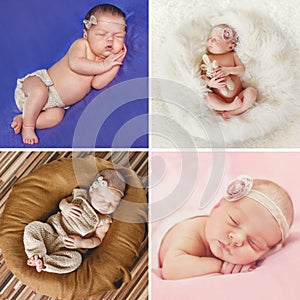 Peaceful sleep of a newborn baby,a collage of four pictures