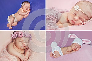 Peaceful sleep of a newborn baby,a collage of four pictures