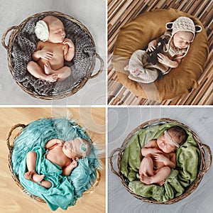 Peaceful sleep of a newborn baby,a collage of four pictures