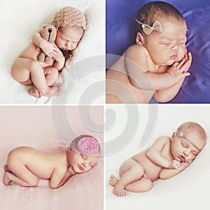 Peaceful sleep of a newborn baby,a collage of four pictures