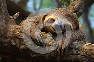 Peaceful Sleeping sloth on branch. Generate Ai