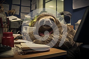 Peaceful Sloth sleeping office. Generate Ai