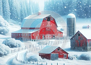 Peaceful Snowfall Scene Red Barn Farming Landscape Country Winter Canada AI Generated