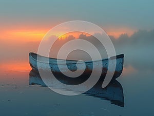 The peaceful solitude of a canoe on a misty lake at dawn