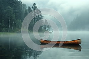 The peaceful solitude of a canoe on a misty lake at dawn