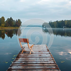 Peaceful solitude Wooden dock and lounge chair on a calm lake