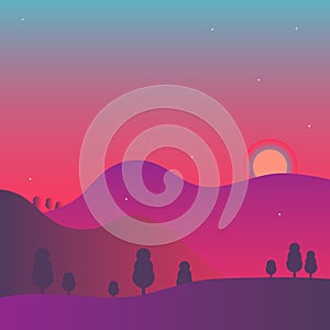 Peaceful soothing gradient nature scene with sunrise and mountain summit silhouette