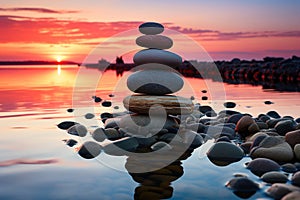 Peaceful spa retreat, balanced stones, vibrant summer sky, serene beach sunset