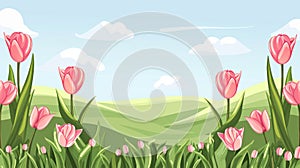 Peaceful Springtime Meadow with Blooming Pink Tulips