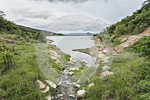 Peaceful stream flows through lush forest,and dams to store wate