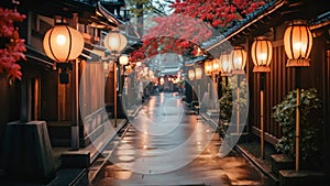 A peaceful street adorned with lanterns and lined with beautiful trees displaying radiant red leaves, A walkway lined with