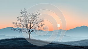 Peaceful Sunrise Landscape with Lonely Tree blurs