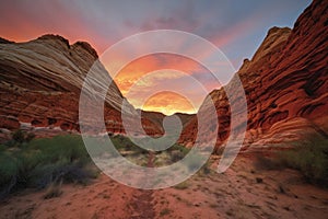 peaceful sunset, with the fiery canyon walls providing a dramatic backdrop