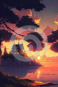 Peaceful sunset Ghibli style illustration