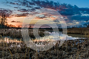 Peaceful sunset at the lake Estany de Sils, Catalonia, Spain