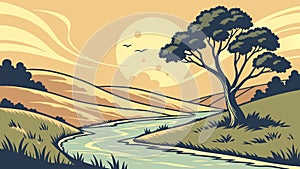 Peaceful Sunset Landscape with Winding River, vector design Generative AI