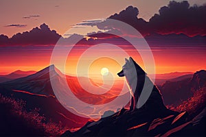 peaceful sunset over mountain range, with wolf lying on the summit