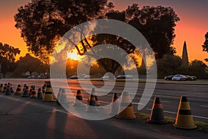 peaceful sunset over a park with traffic cones visible in the foreground