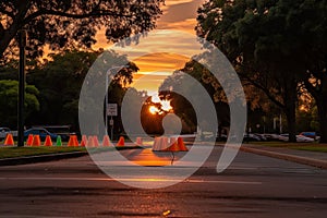 peaceful sunset over a park with traffic cones visible in the foreground