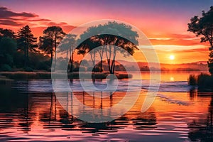 A peaceful sunset over a tranquil lake with reflections of trees on the water