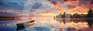 A peaceful sunset scene on a calm lake with reflections and a rowing boat.