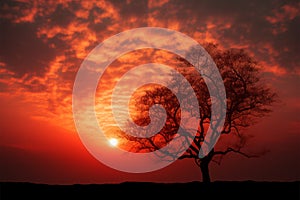 Peaceful sunset Small sun, silhouette tree, tranquil nature, abstract background