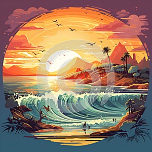 Peaceful Sunset Surfing Scene with Magical Sea Creatures