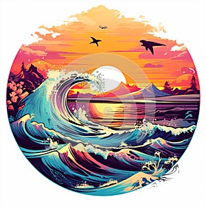 Peaceful Sunset Surfing Scene with Magical Sea Creatures