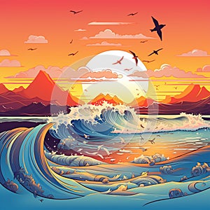 Peaceful Sunset Surfing Scene with Magical Sea Creatures